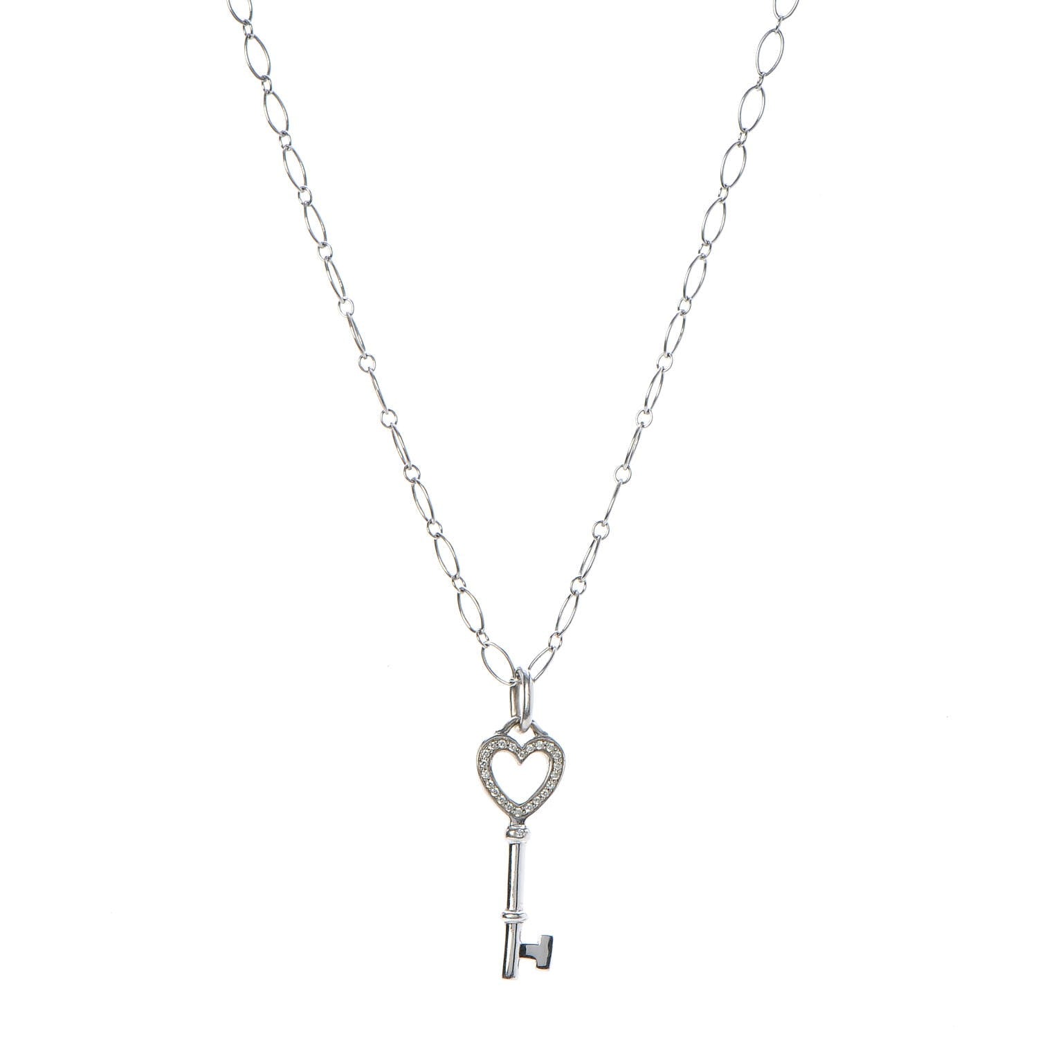 Tiffany 18K White Gold Diamond Mini Heart Key Charm Pendant Link Necklace 1 of 7