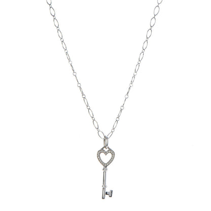 Tiffany 18K White Gold Diamond Mini Heart Key Charm Pendant Link Necklace 1 of 7