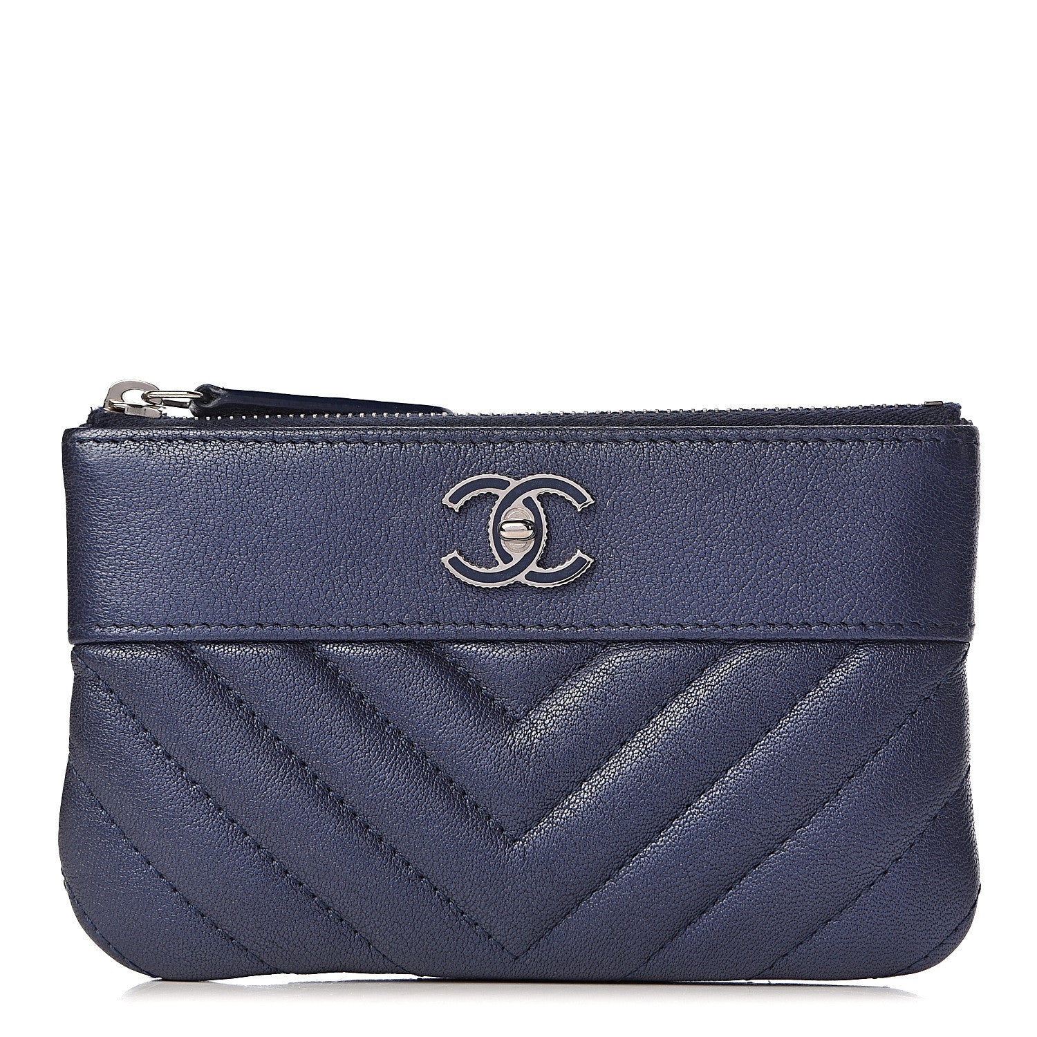 Chanel Metallic Sheepskin Chevron Quilted Small Vintage Mademoiselle Cosmetic Case Navy 1 of 7