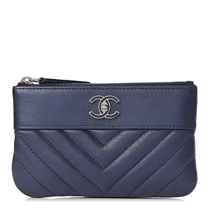 Chanel Metallic Sheepskin Chevron Quilted Small Vintage Mademoiselle Cosmetic Case Navy 1 of 7