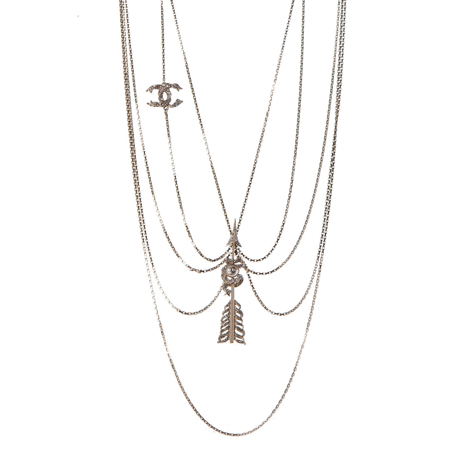 Chanel Crystal Pearl Multi Strand Chain CC Arrow Necklace Gold 1 of 7