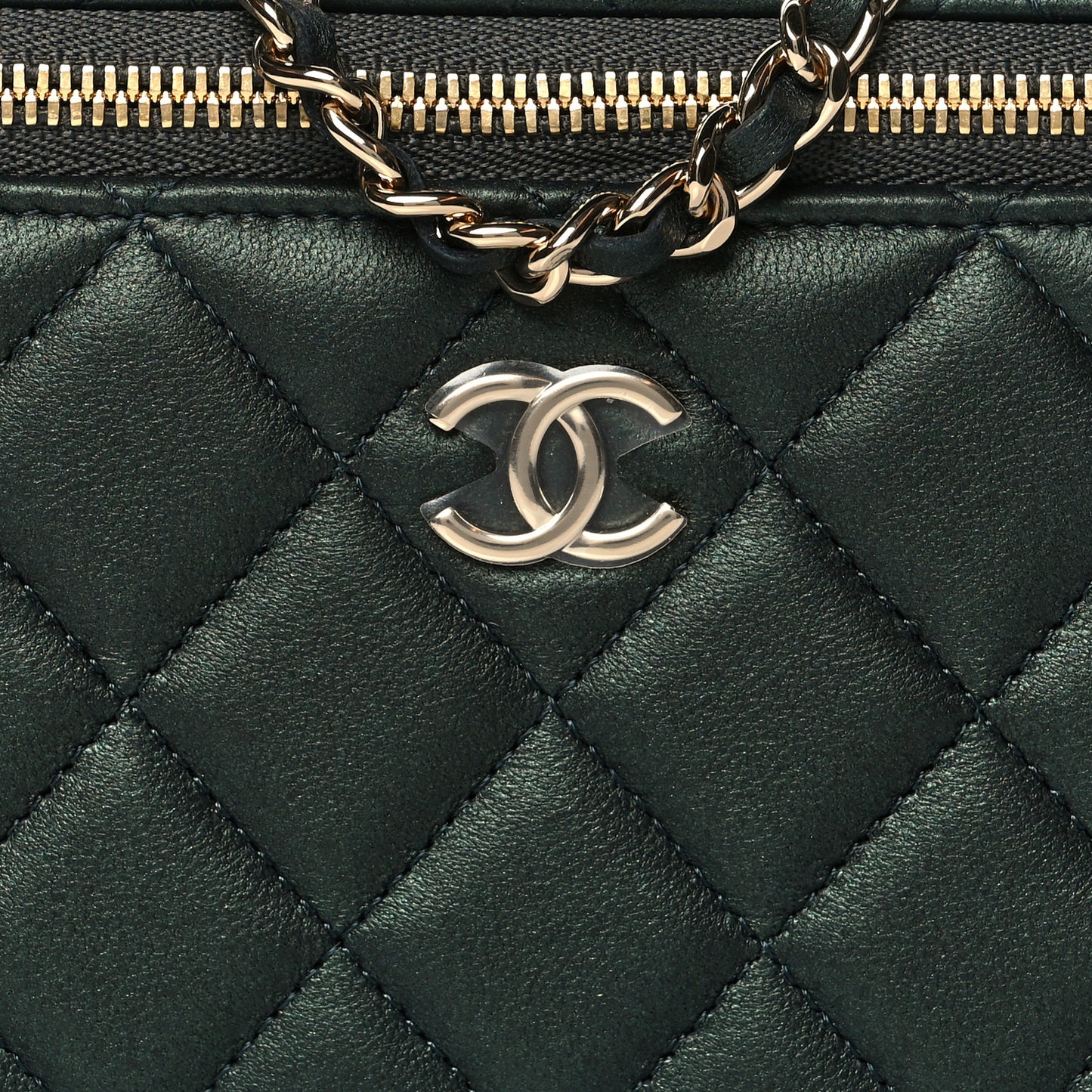 Iridescent Lambskin Quilted Small Top Handle Vanity Case With Chain Dark Green