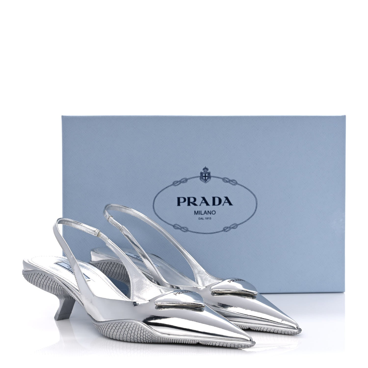 Prada Spazzolato Triangle Logo Pointed Toe 45mm Slingback Pumps 37.5 Argento 10 of 10