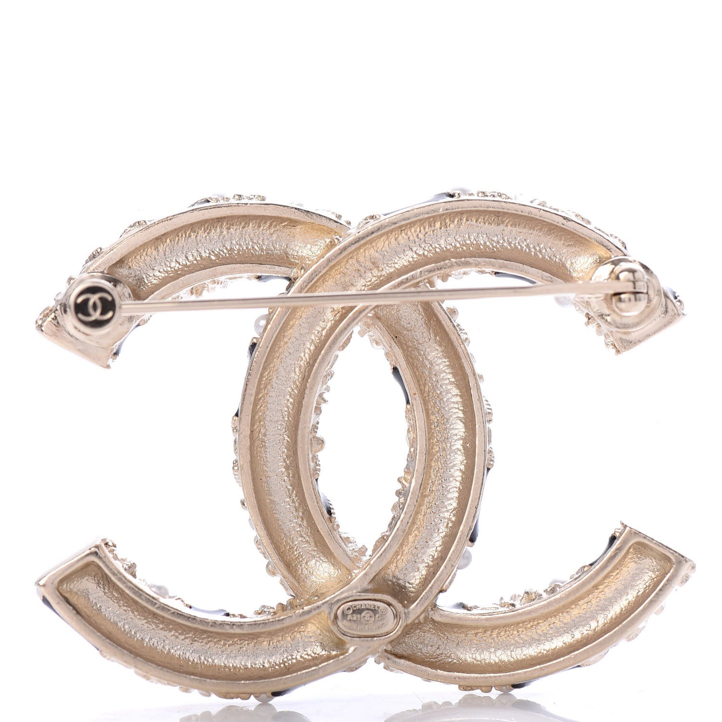 Pearl Crystal Enamel CC Brooch Black Gold