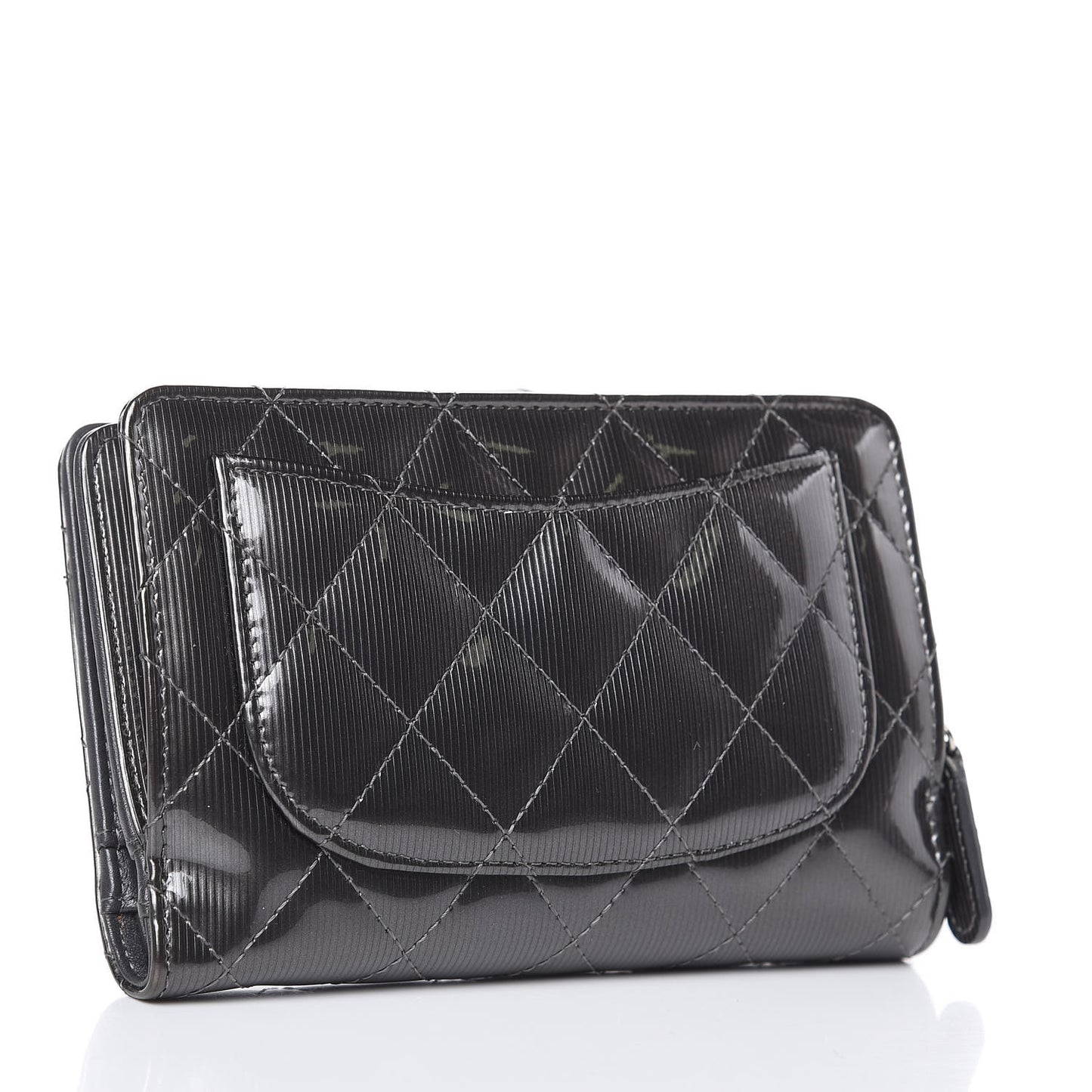 Striated Patent Quilted Zipped Pocket Wallet Dark Grey