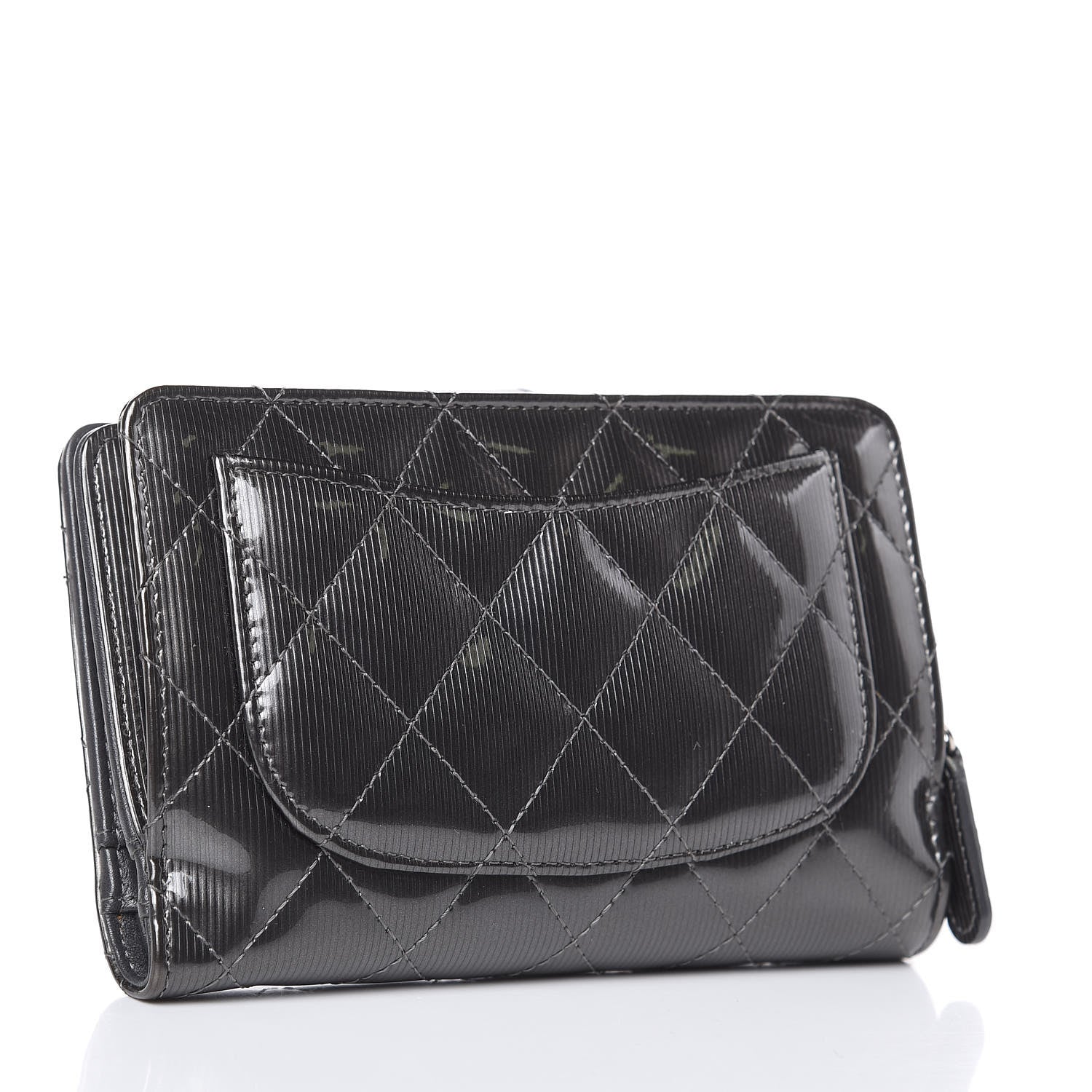 Chanel Striated Patent Quilted Zipped Pocket Wallet Dark Grey 3 of 8