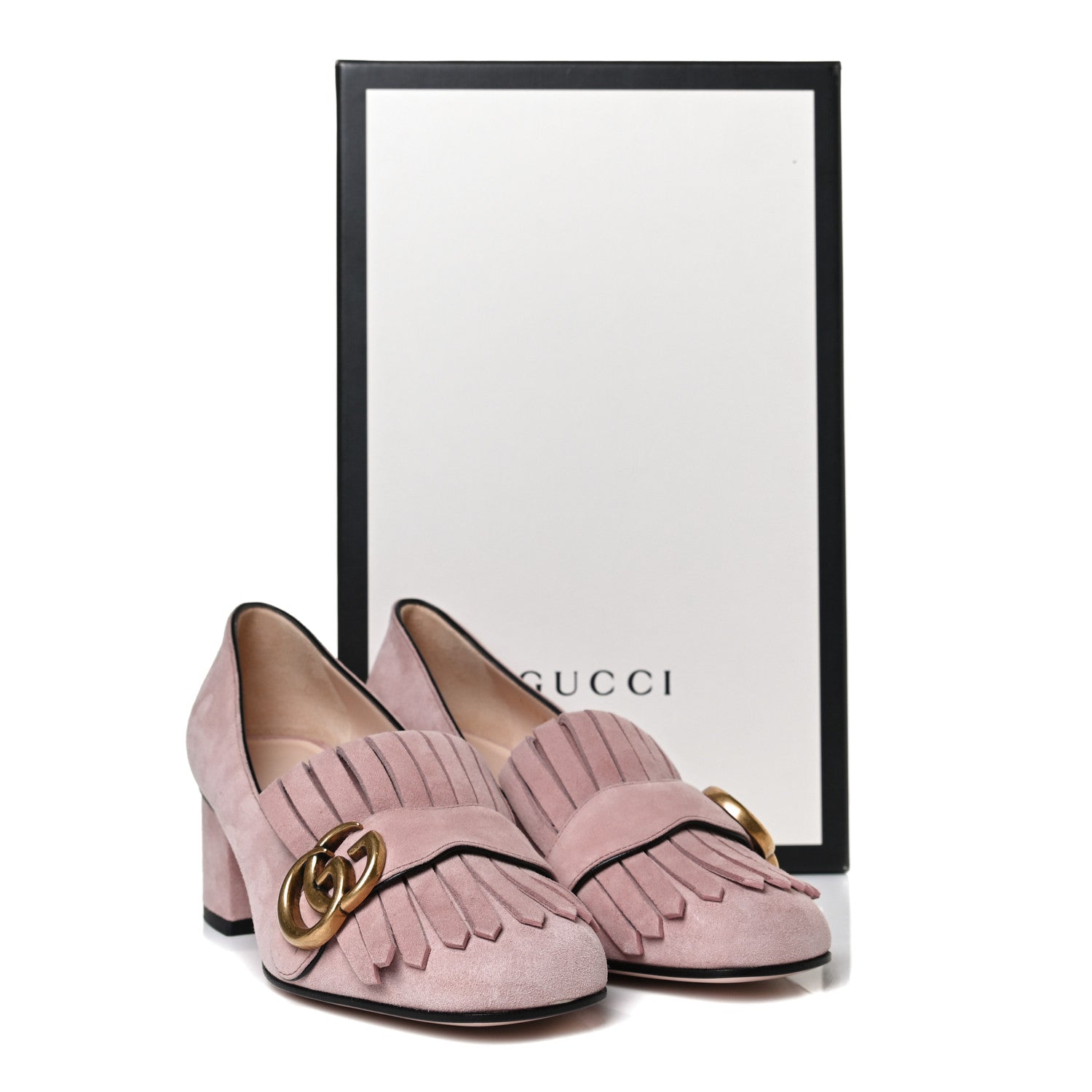 Gucci Kid Scamosciato GG Marmont Fringe 50mm Loafer Pumps 35 Crystal Pink 14 of 14