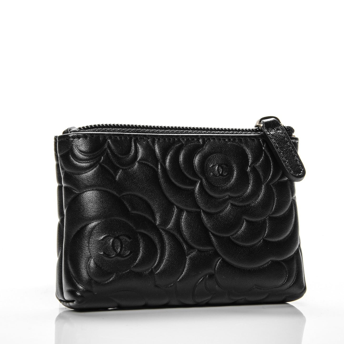Lambskin Camellia Embossed Key Holder Case Black