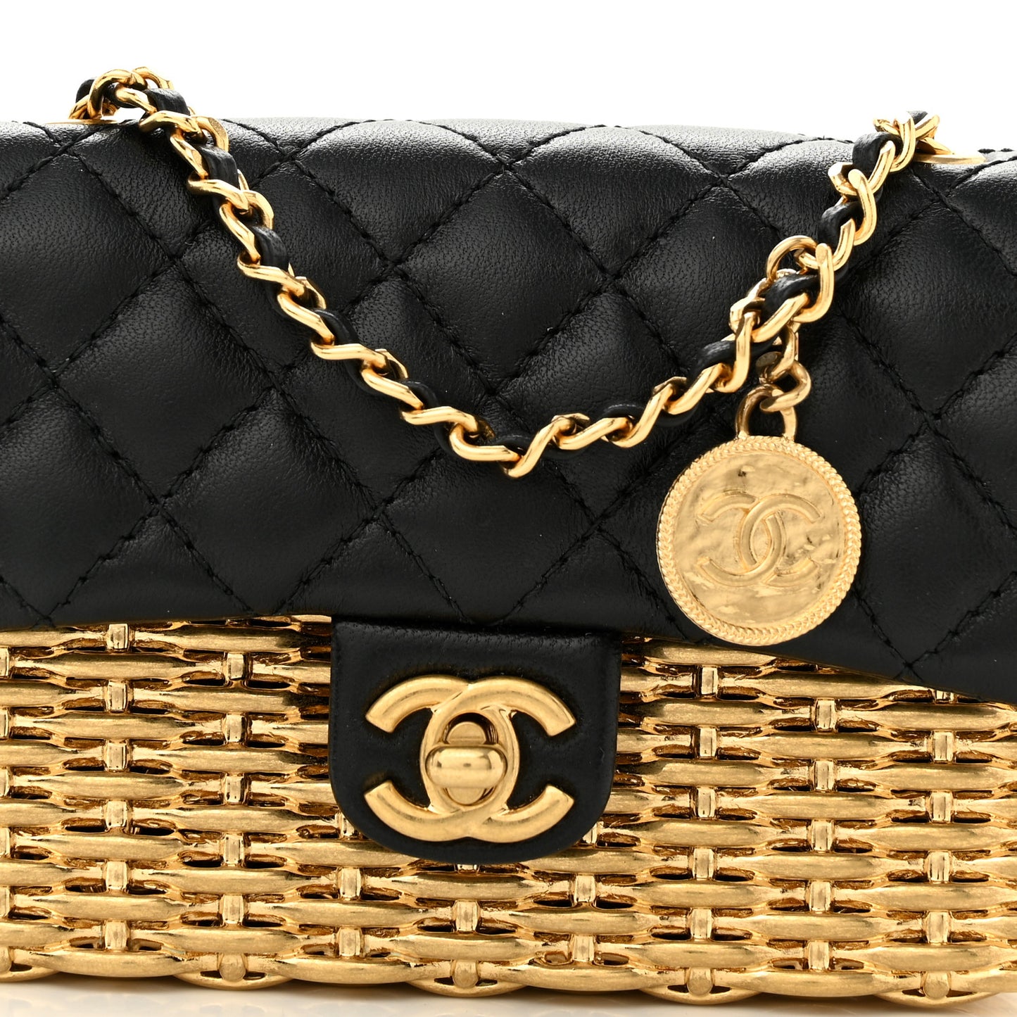 Woven Metal Lambskin Quilted Small Flap Black Gold