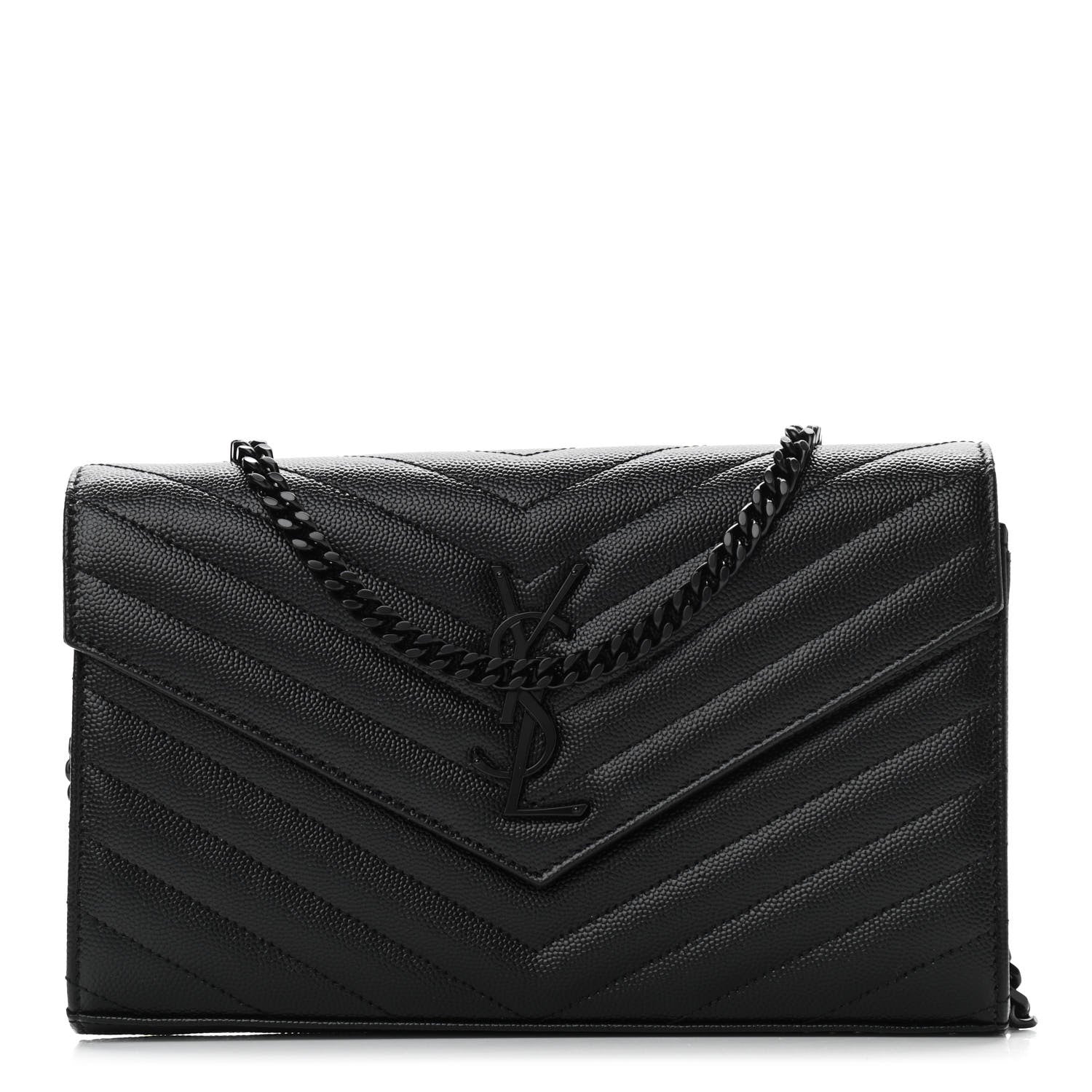Saint Laurent Grain De Poudre Matelasse Chevron Monogram Chain Wallet Black 1 of 9