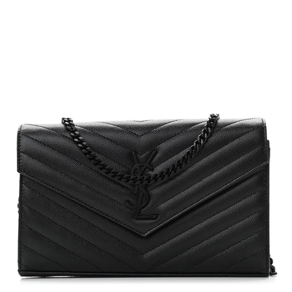 Saint Laurent Grain De Poudre Matelasse Chevron Monogram Chain Wallet Black 1 of 9