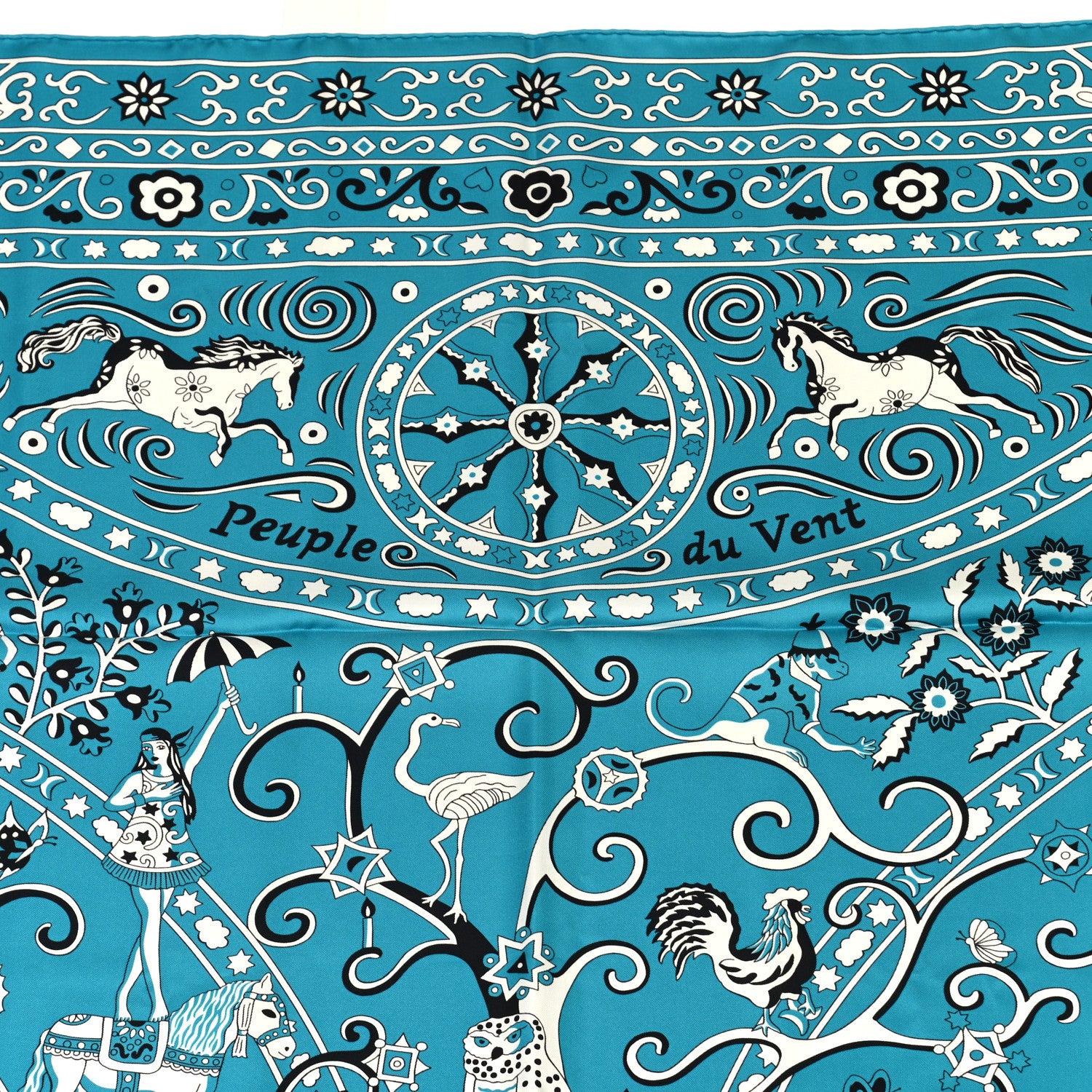 Hermes Silk Peuple Du Vent Bandana Scarf 140 Turquoise Black White 2 of 6