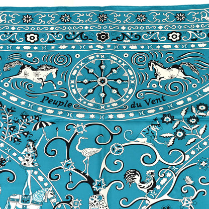 Hermes Silk Peuple Du Vent Bandana Scarf 140 Turquoise Black White 2 of 6