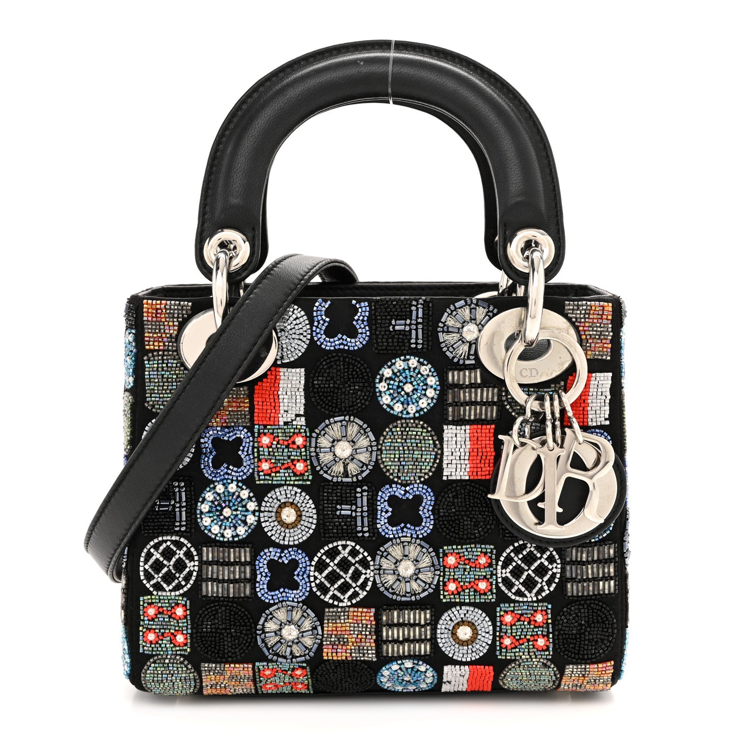 Satin Lambskin Embroidered Beaded Mini Lady Dior Black Multicolor