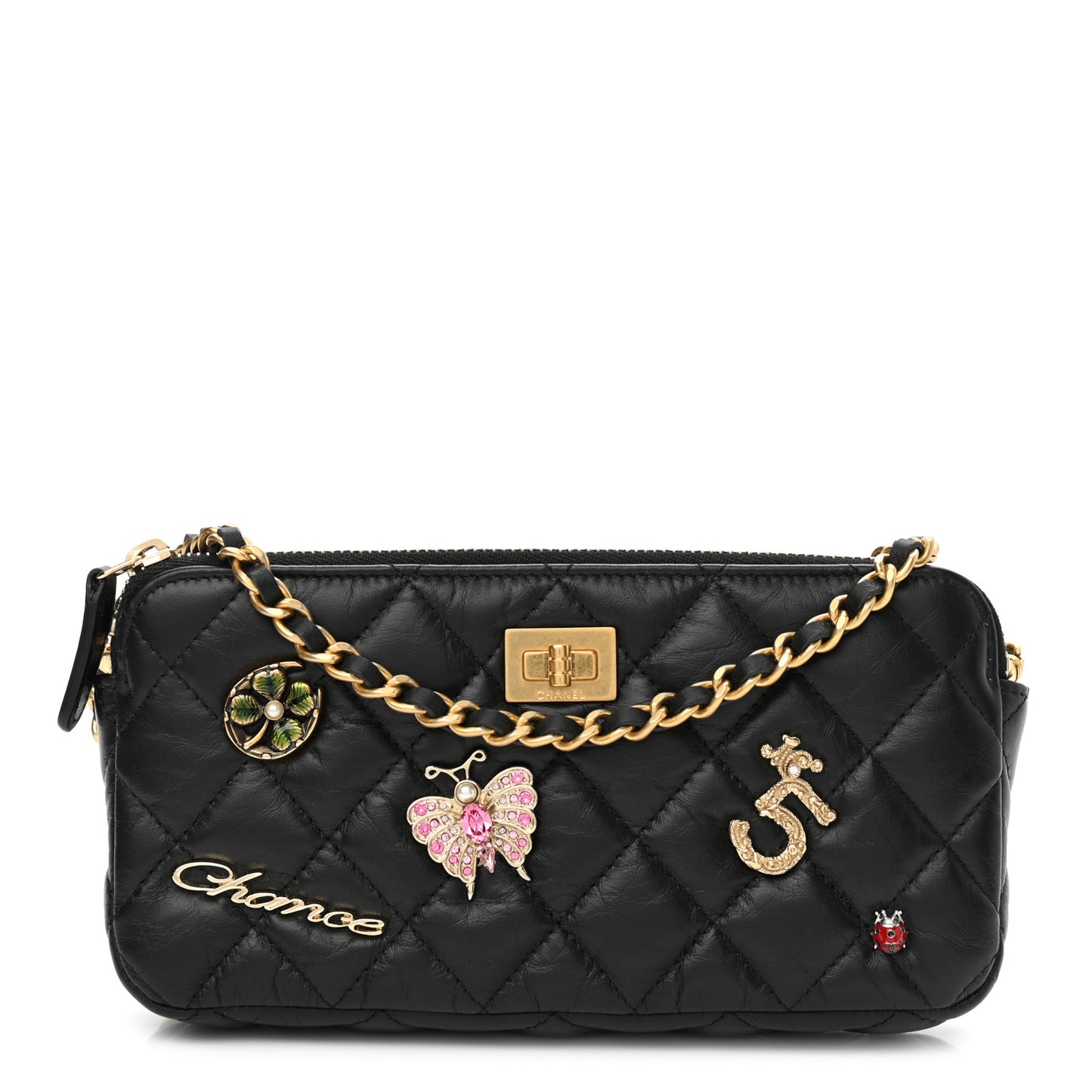 Aged Calfskin Lucky Charms 2.55 Reissue Small Clutch With Chain Black