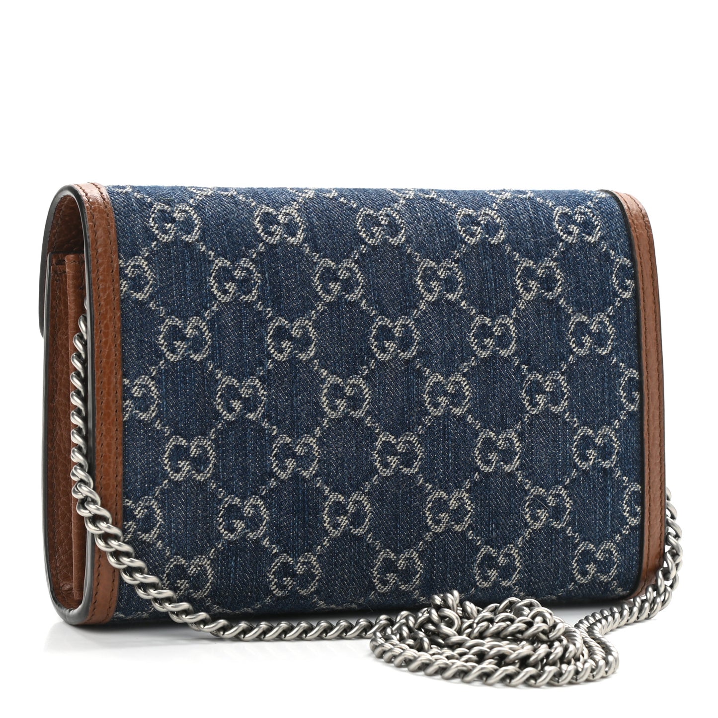 New Denim GG Monogram Dollar Calfskin Enamel Mini Dionysus Chain Wallet Blue Tea Cuir Epilog Electric Blue