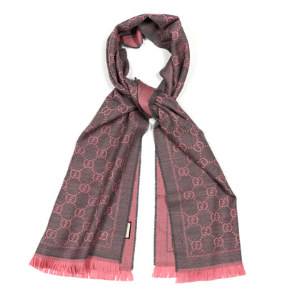 Gucci Wool Jacquard GG Monogram Sten Fringe Scarf Graphite Pink 1 of 4
