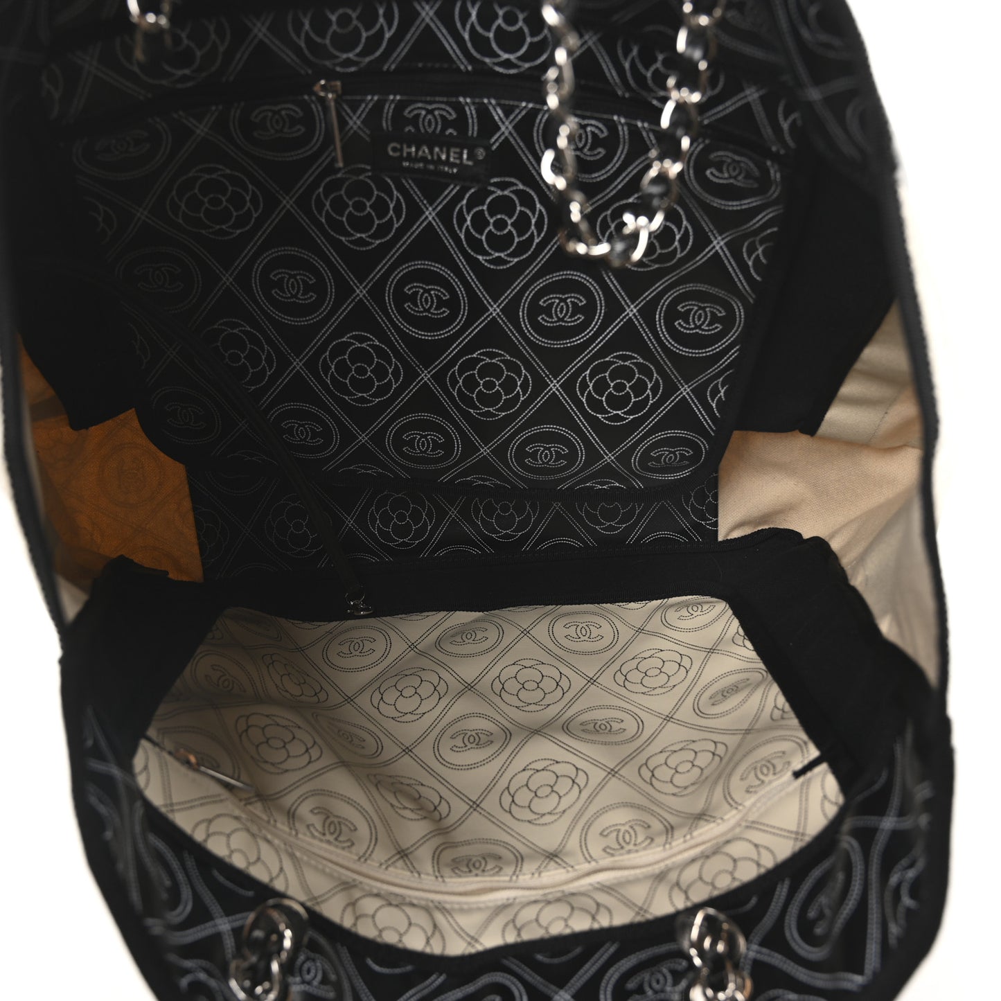 Coated Canvas Camellia Medium Shopping Tote Black Beige
