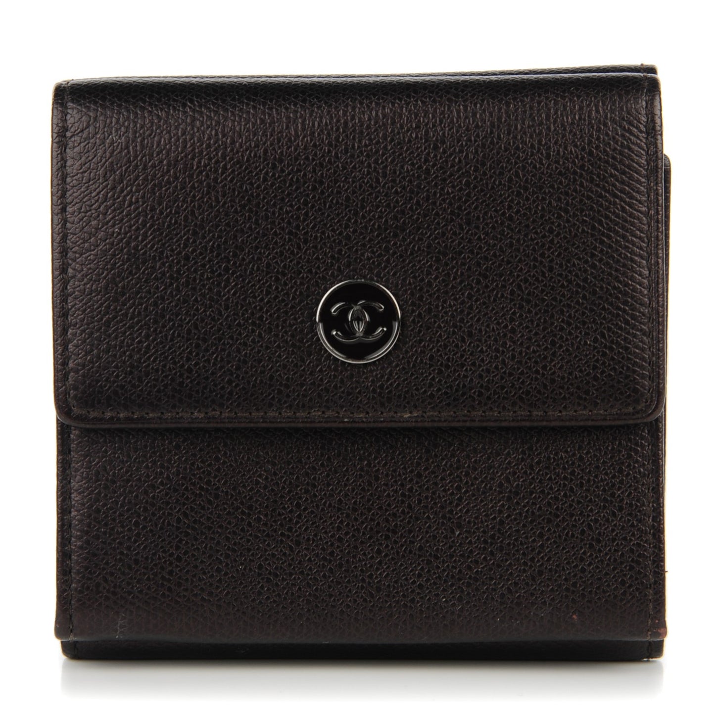 Grained Calfskin CC Button Compact Wallet Dark Brown