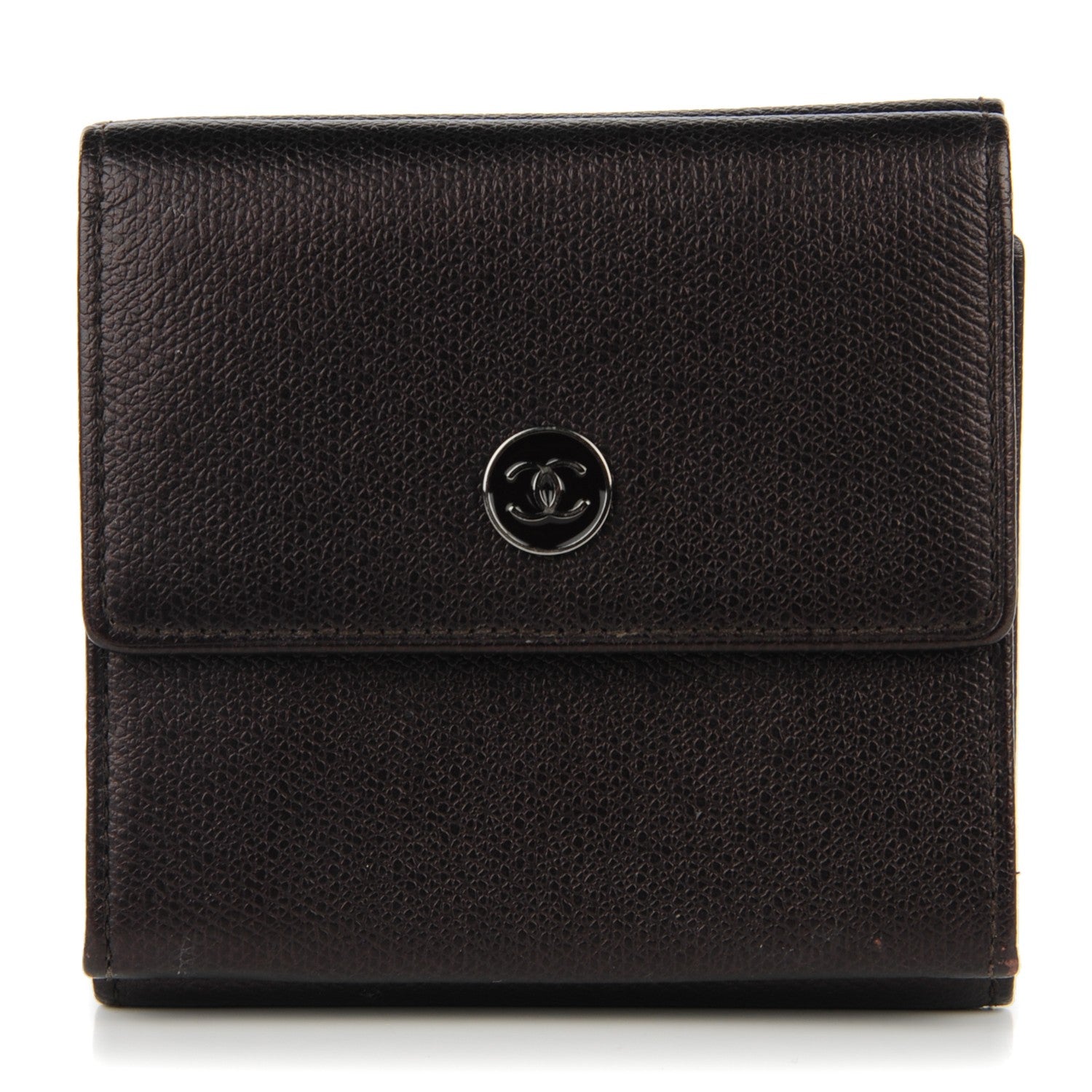 Chanel Grained Calfskin CC Button Compact Wallet Dark Brown 1 of 8