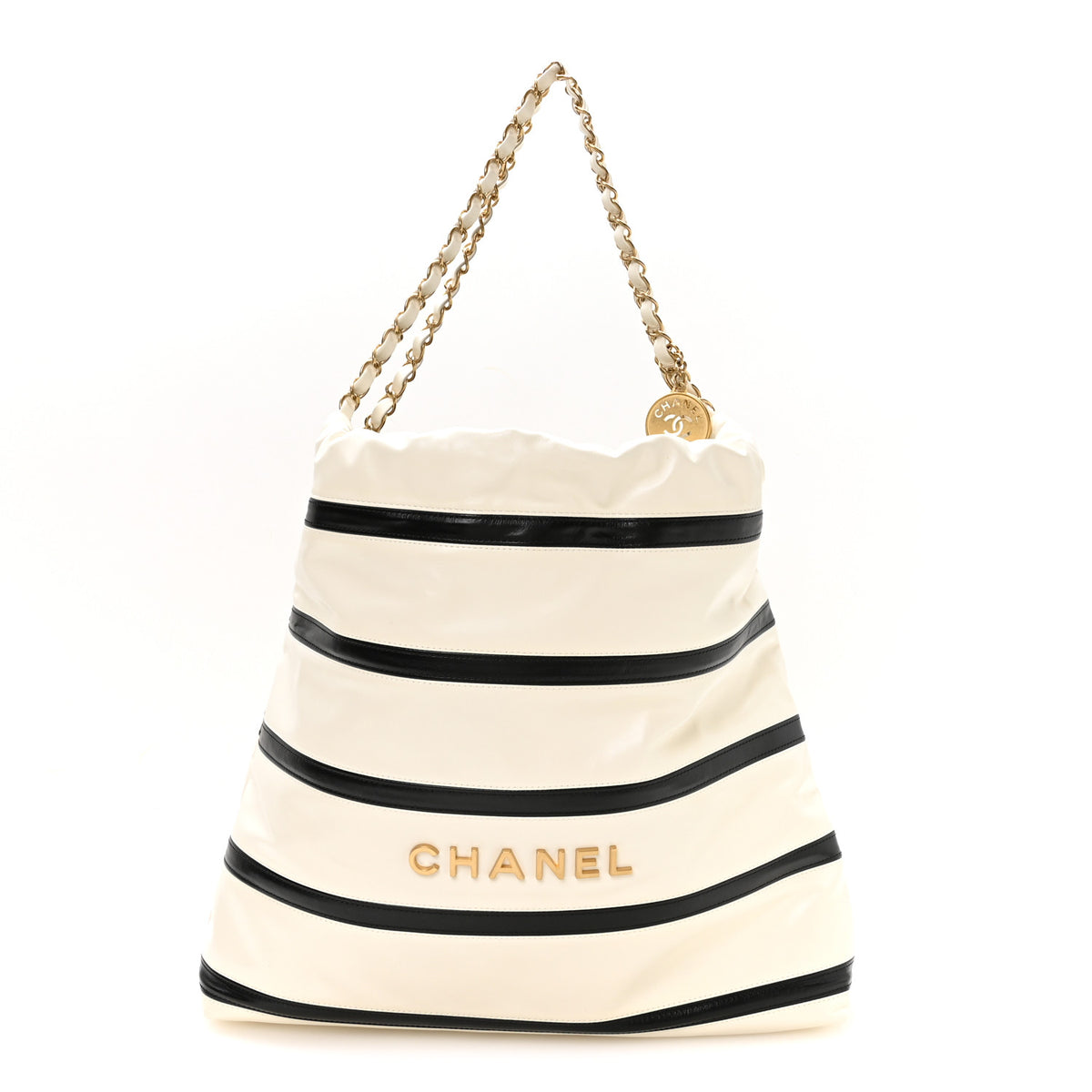 Shiny Calfskin Striped Small Chanel 22 Black White