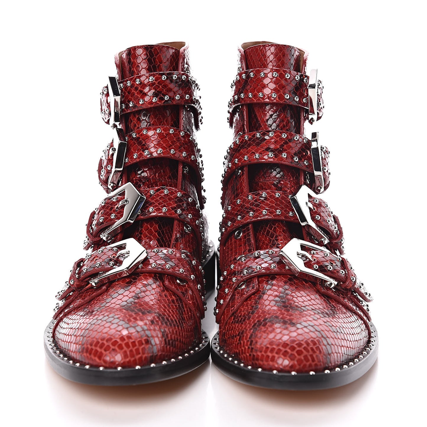 Calfskin Python Embossed Studded Elegant Flat Ankle Bootie 38 Red