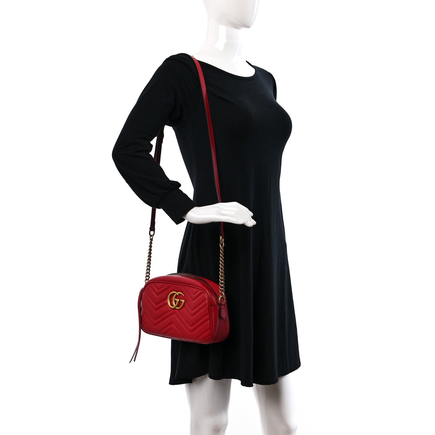 Calfskin Matelasse Small GG Marmont Chain Shoulder Bag Hibiscus Red