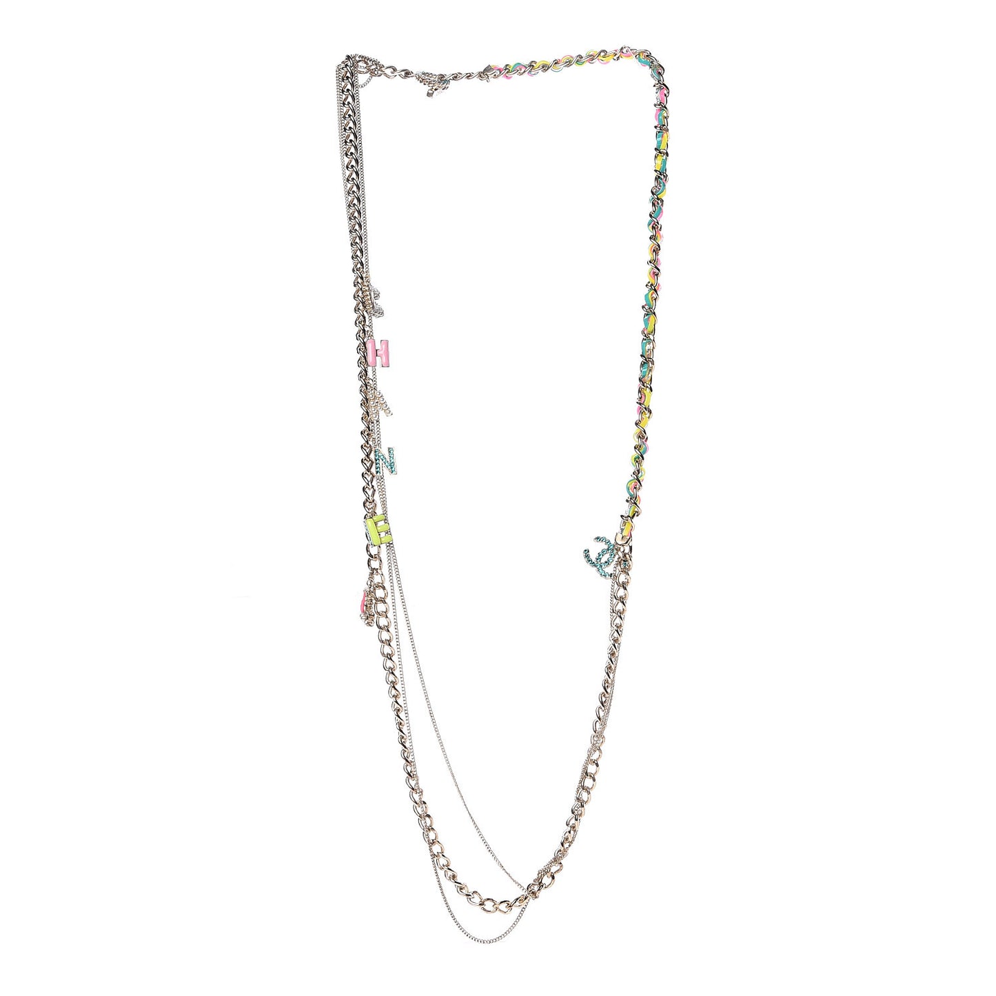 Crystal Enamel Pearl CC Logo Chain Long Necklace Gold Multicolor