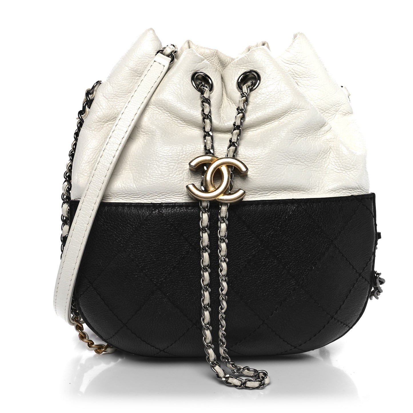 Aged Calfskin Quilted Small Gabrielle Bucket White Black