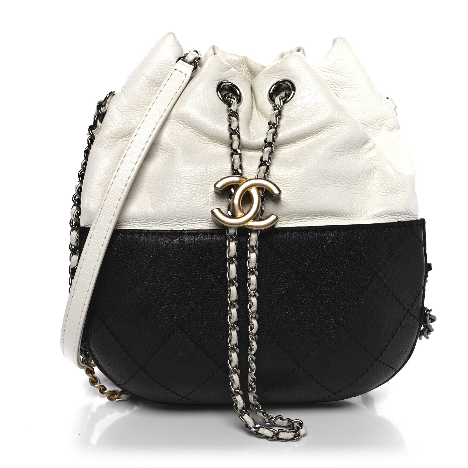 Chanel Aged Calfskin Quilted Small Gabrielle Bucket White Black 1 of 11
