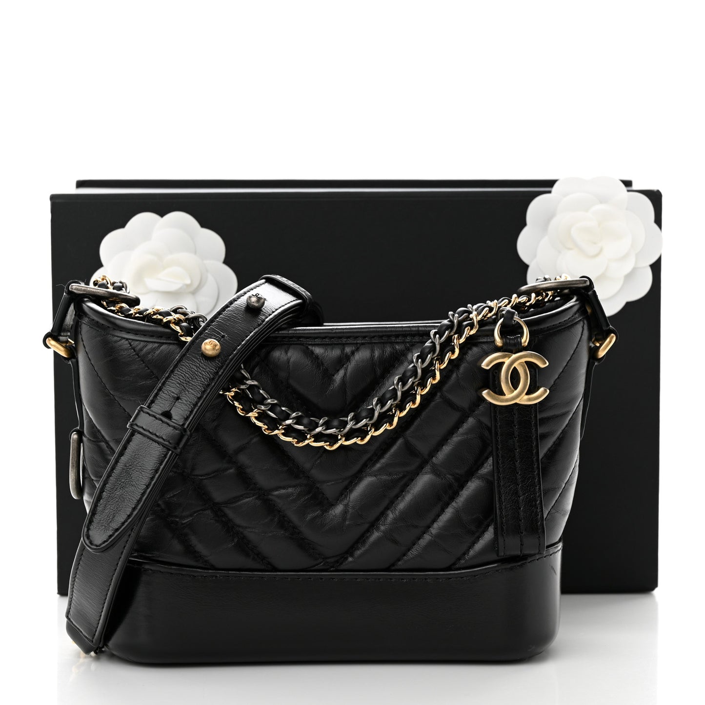 Aged Calfskin Chevron Quilted Small Gabrielle Hobo Black