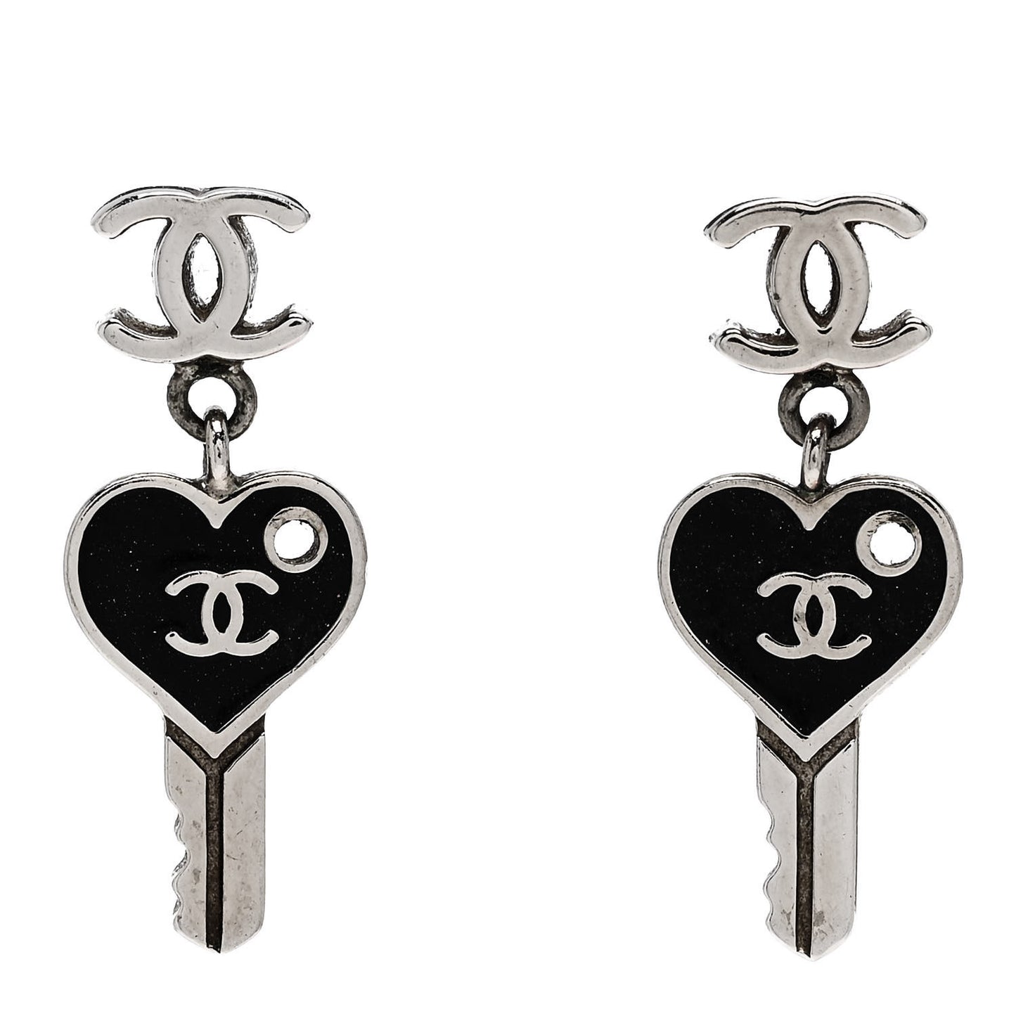 Enamel Heart Key CC Drop Earrings Black Silver