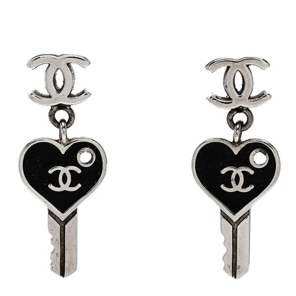 Chanel Enamel Heart Key CC Drop Earrings Black Silver 1 of 4