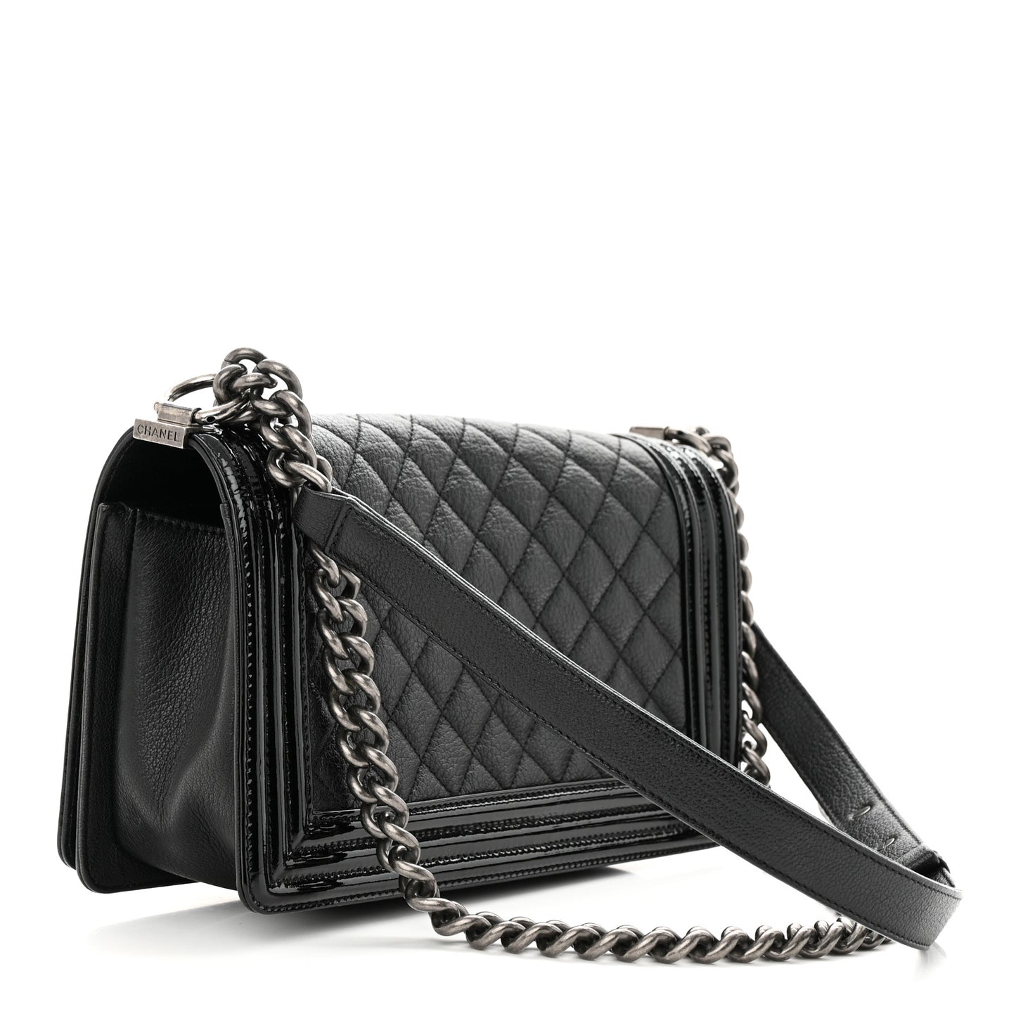 Goatskin Quilted Patent Medium Duo Boy Flap Black