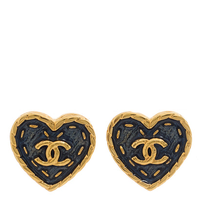 Chanel Metal Enamel CC Denim Heart Earrings Gold Blue 1 of 5