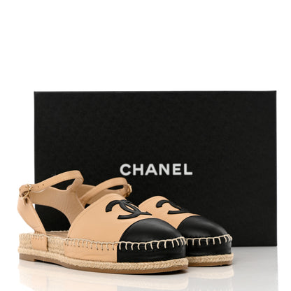 Chanel Lambskin Cap Toe CC Espadrille Sandals 38 Beige Black 10 of 10