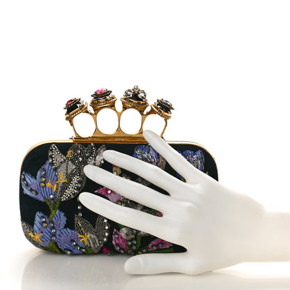Alexander McQueen Suede Stone Eagle Embroidered Knuckle Box Clutch Black 2 of 9