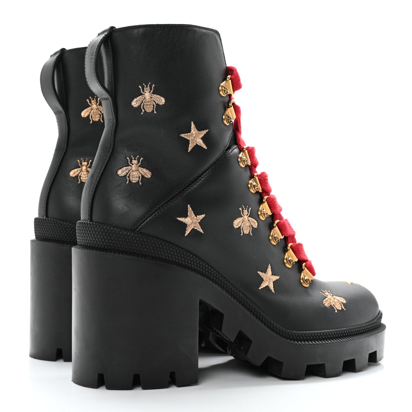 Calfskin Embroidered Lace Up Combat Ankle Boots 36 Black