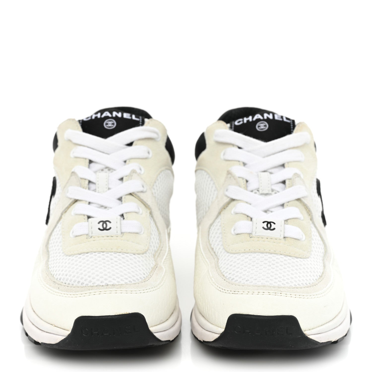 Chanel Mesh Suede Calfskin Grained Calfskin Womens CC Sneakers 36.5 White Black 2 of 9