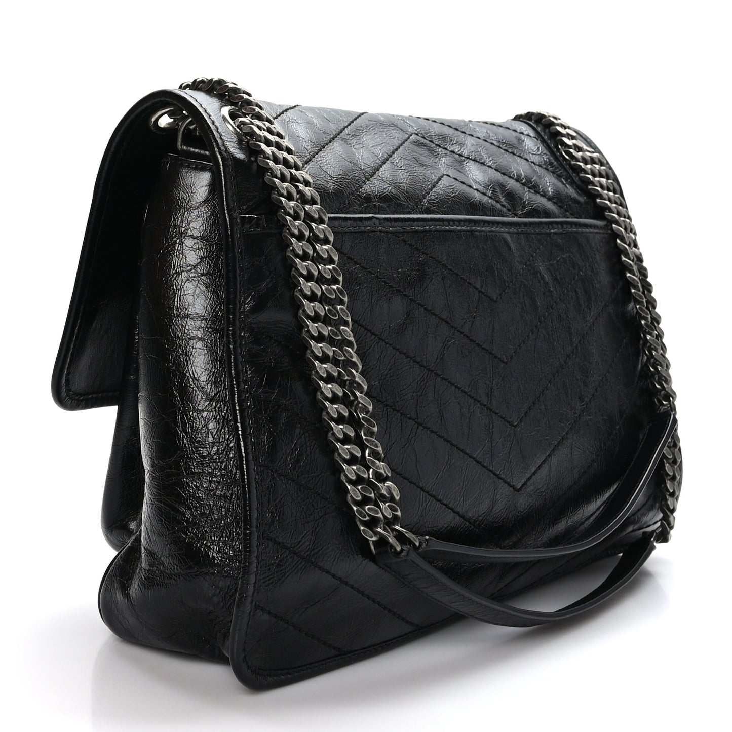Crinkled Calfskin Matelasse Monogram Large Niki Chain Satchel Black