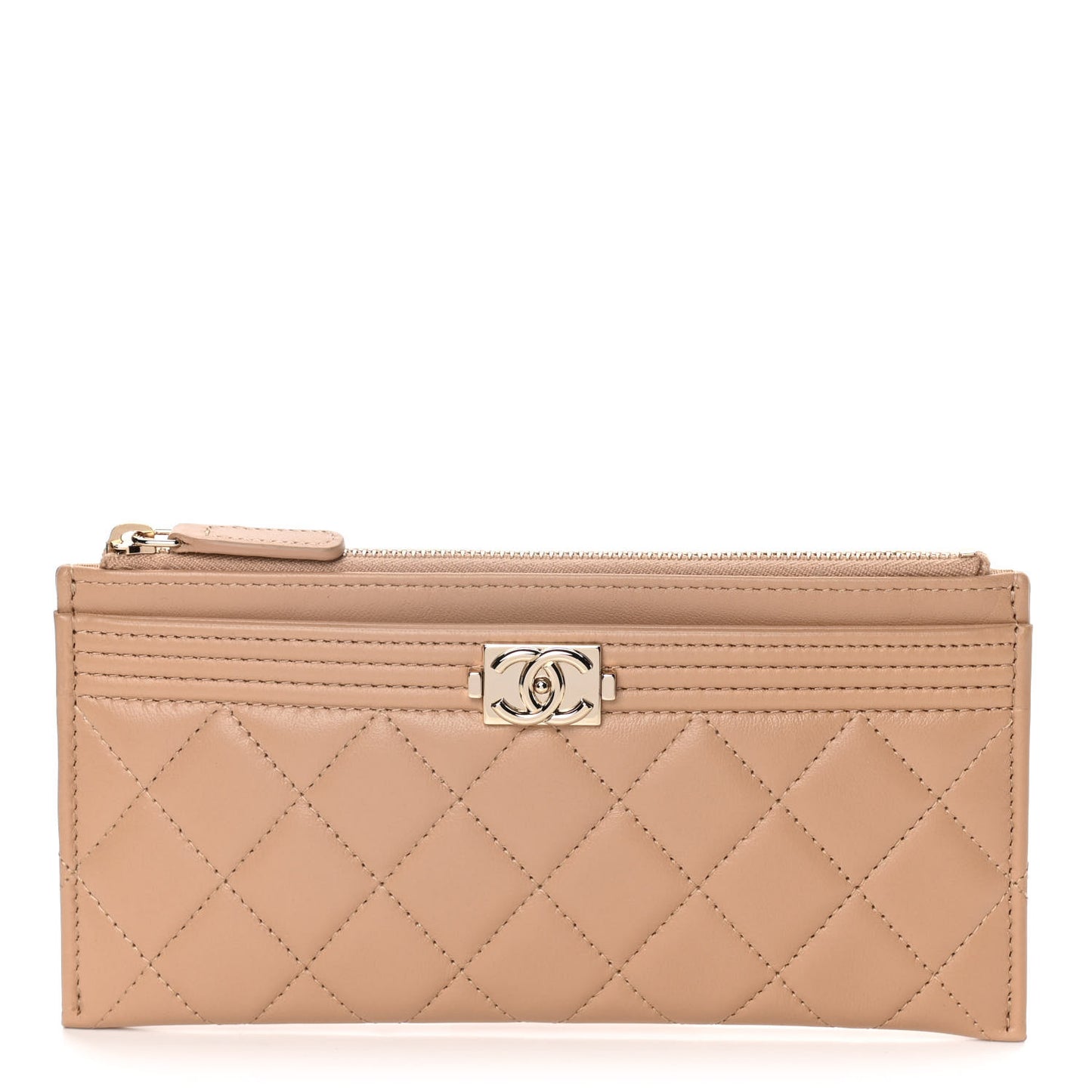 Lambskin Quilted Classic Zip Boy Pouch Beige