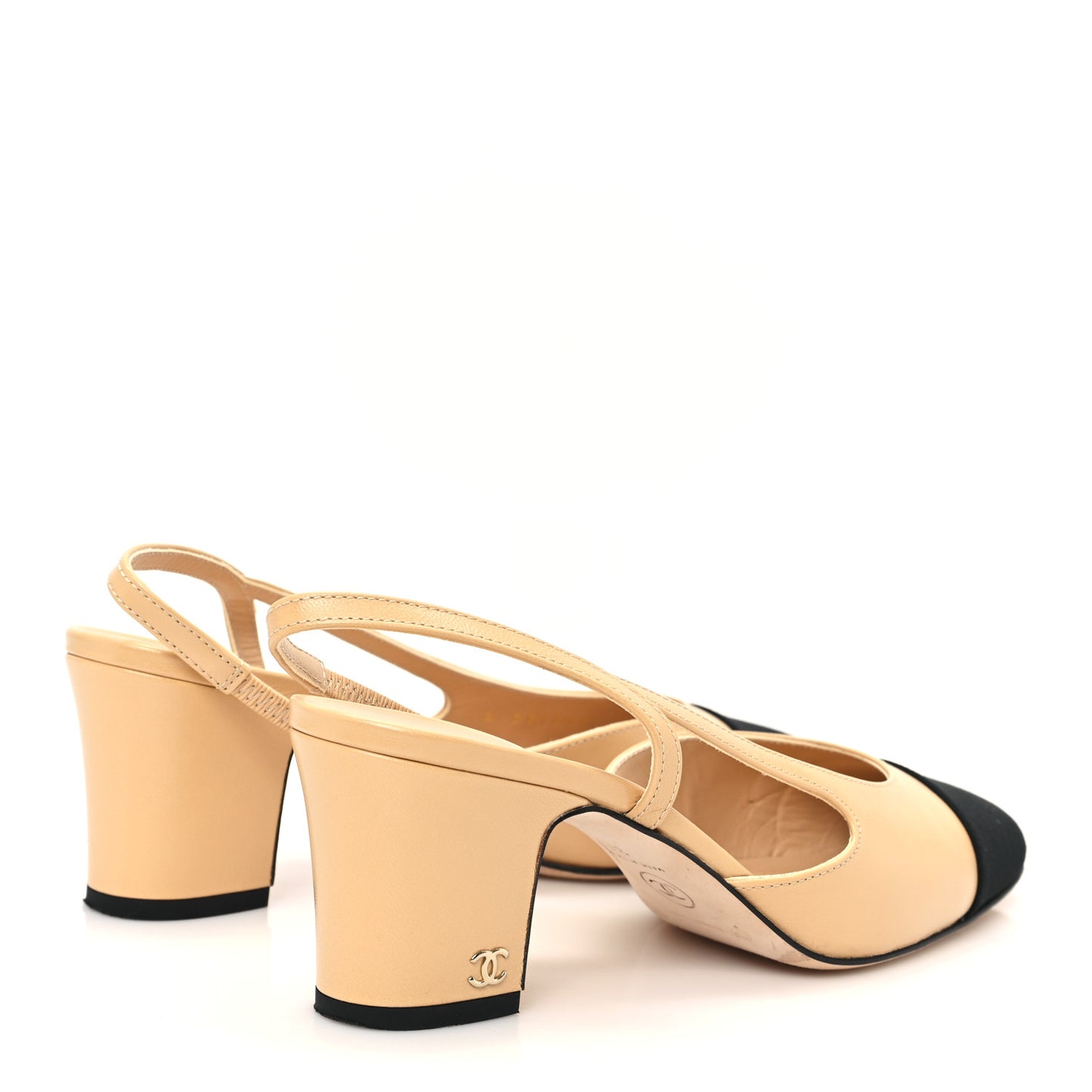 Goatskin Grosgrain Cap Toe CC Slingback Pumps 37 Beige Black