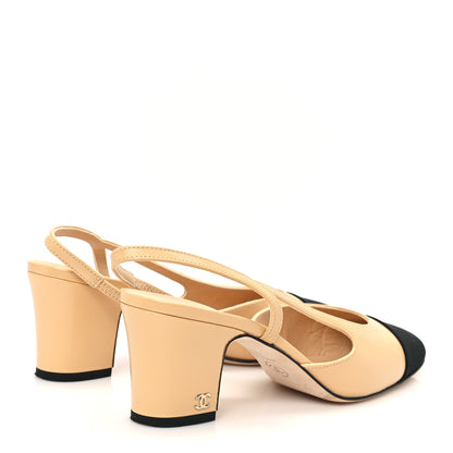 Chanel Goatskin Grosgrain Cap Toe CC Slingback Pumps 37 Beige Black 5 of 11