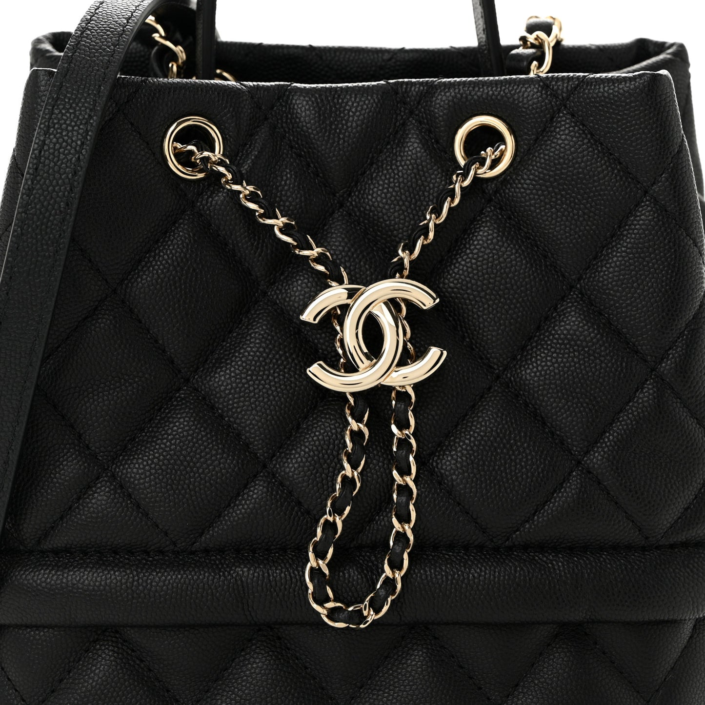 Caviar Quilted Rolled Up Bucket Drawstring Bag Black