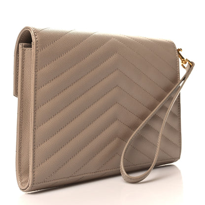 Saint Laurent Grain De Poudre Matelasse Chevron Monogram Envelope Clutch Dark Beige 3 of 11