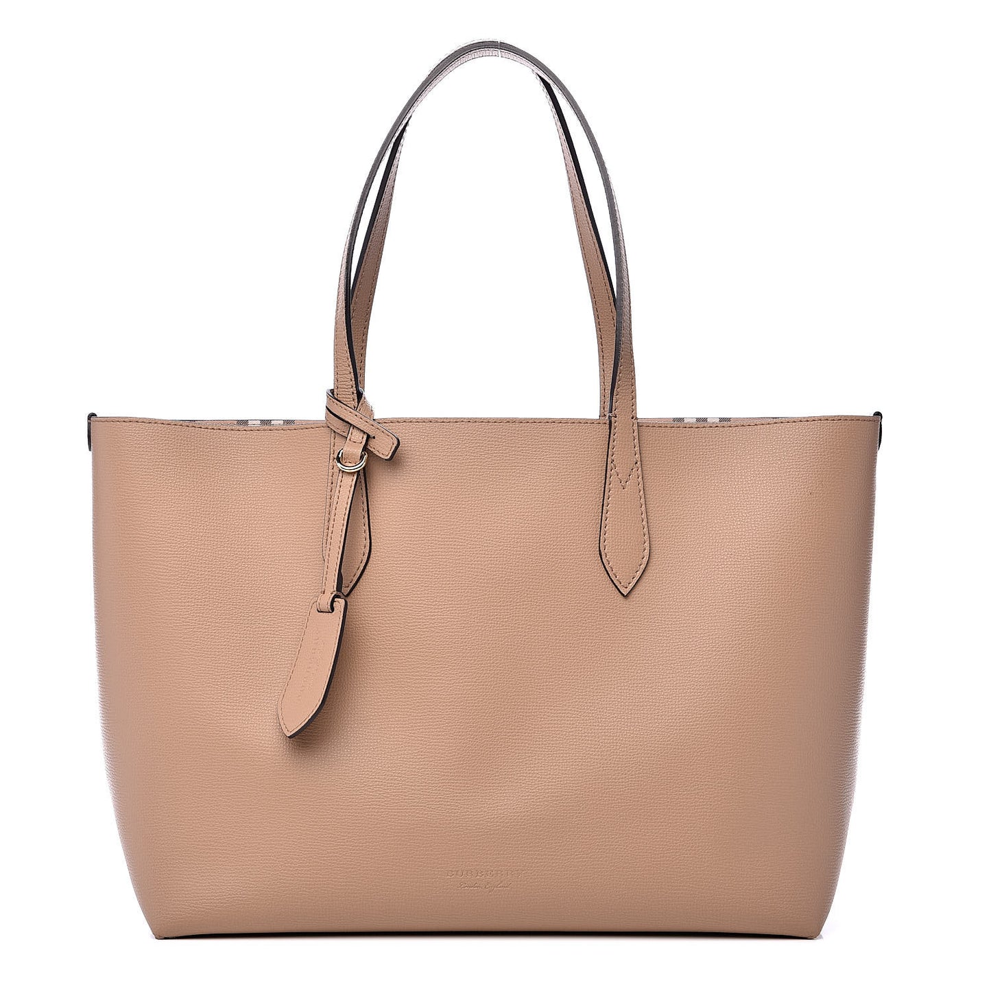 Grainy Calfskin Haymarket Check Medium Reversible Tote Camel
