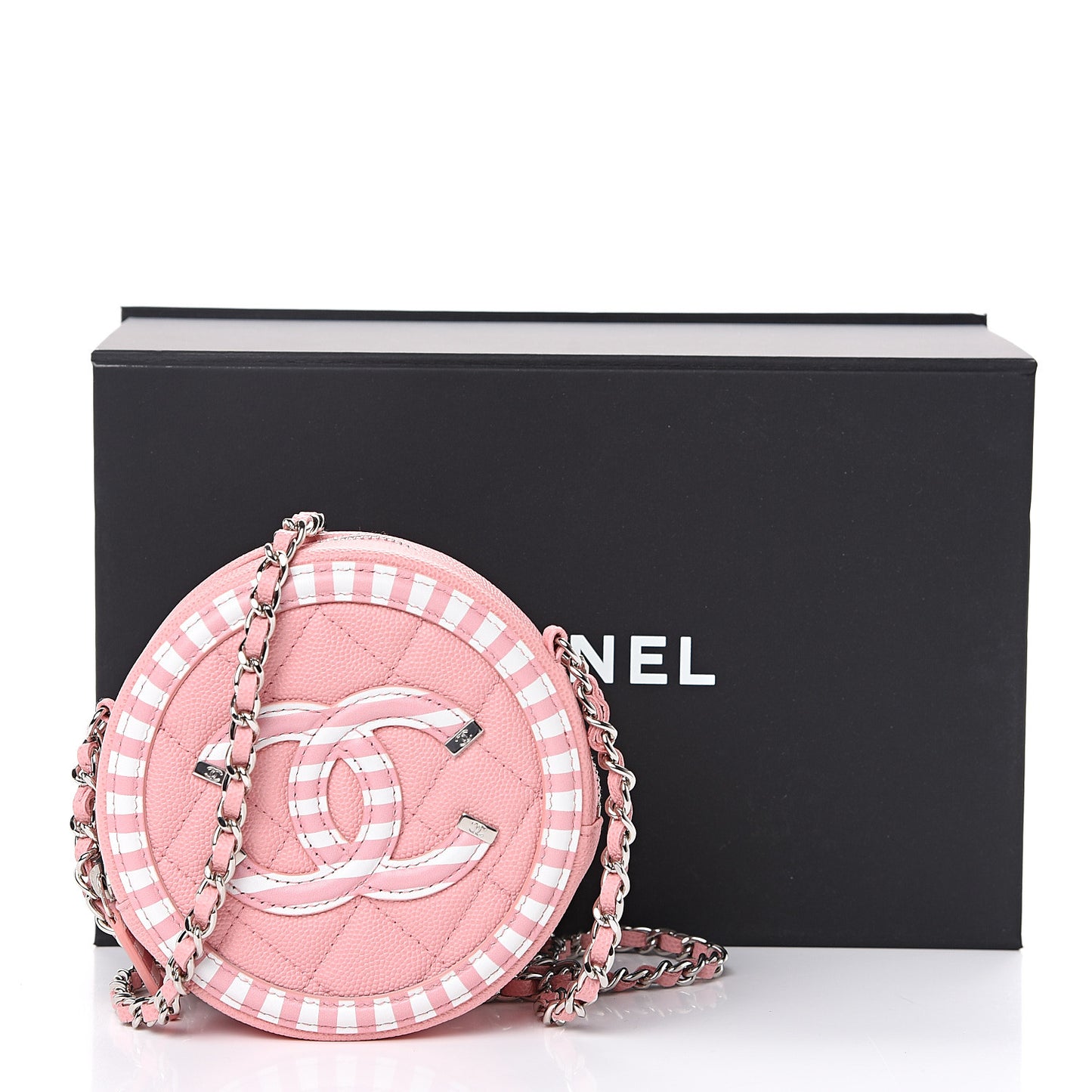 Caviar Quilted Filigree Round Clutch With Chain Pink White