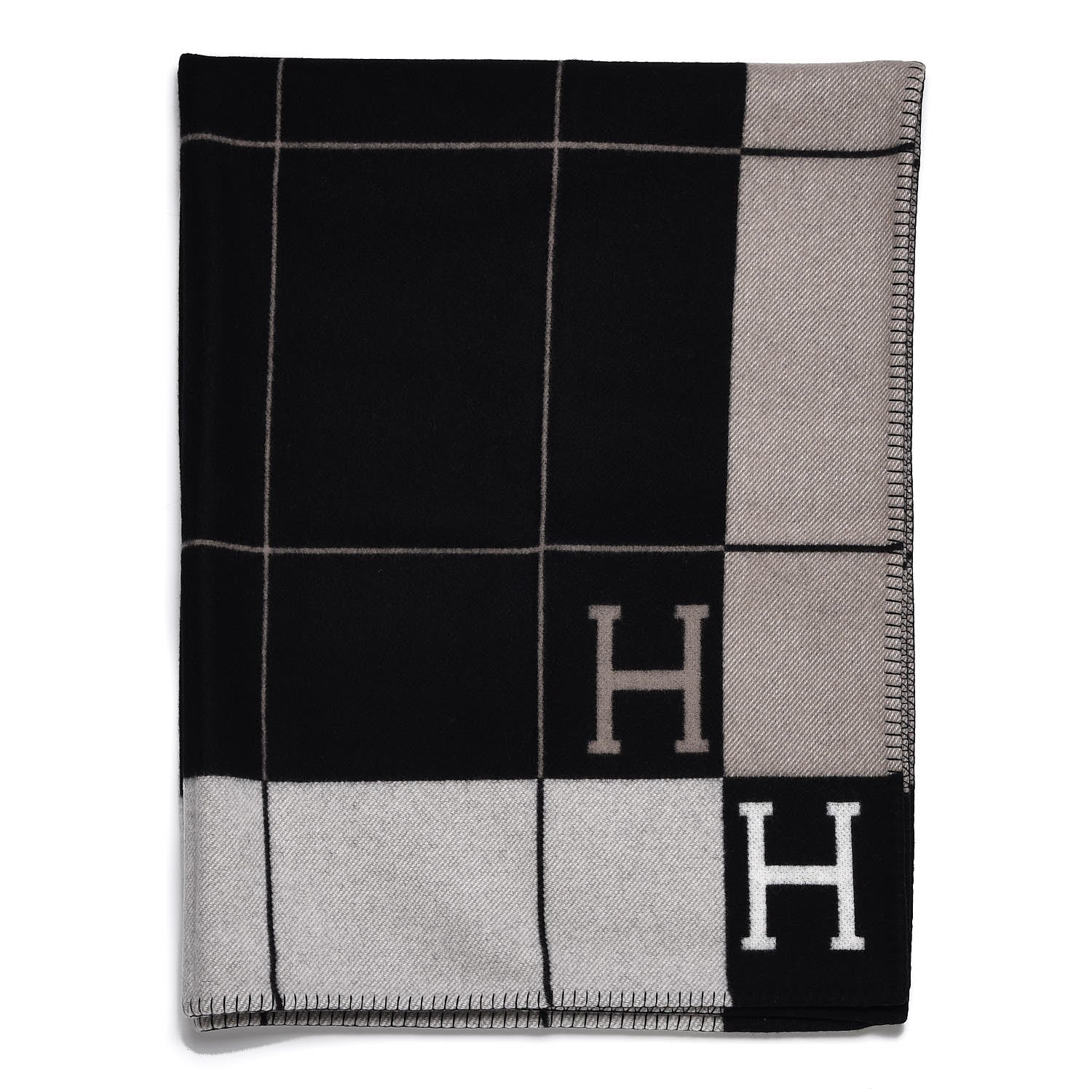 Hermes Wool Cashmere Avalon III Blanket Ecru Black 1 of 6