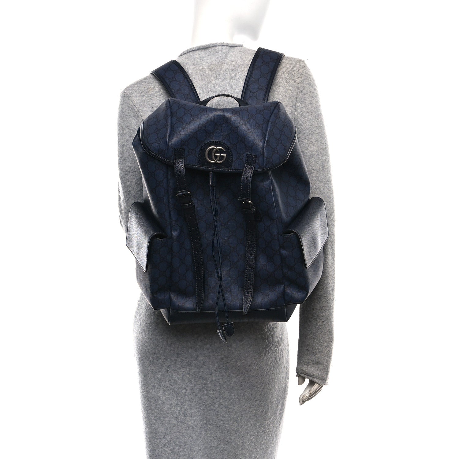 Gucci GG Supreme Monogram Textured Dollar Calfskin Medium Ophidia Double Buckle Backpack Blue Dark Blue Black 2 of 9
