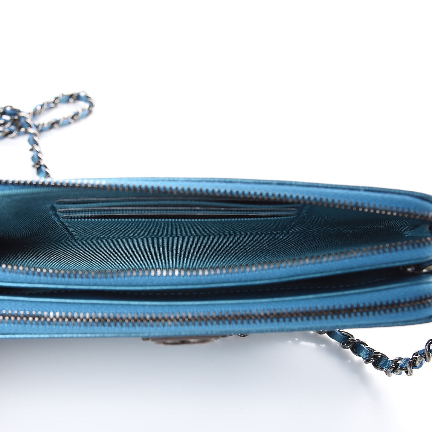 Metallic Caviar Quilted Small Boy Clutch With Chain Turquoise